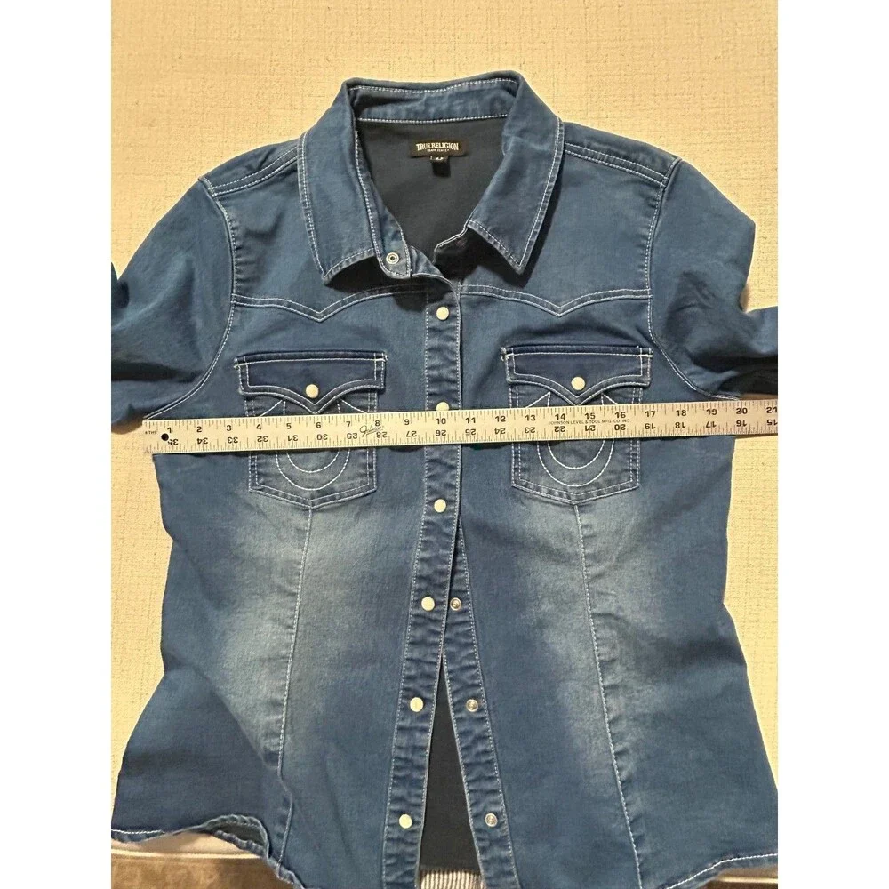 True Religion Men's Denim Western Button Up Shirt Blue Embroidered Long Sleeve